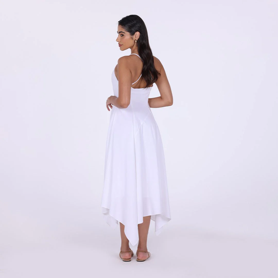 White Halter Straps Hanky Hem Midi Dress - Image 4