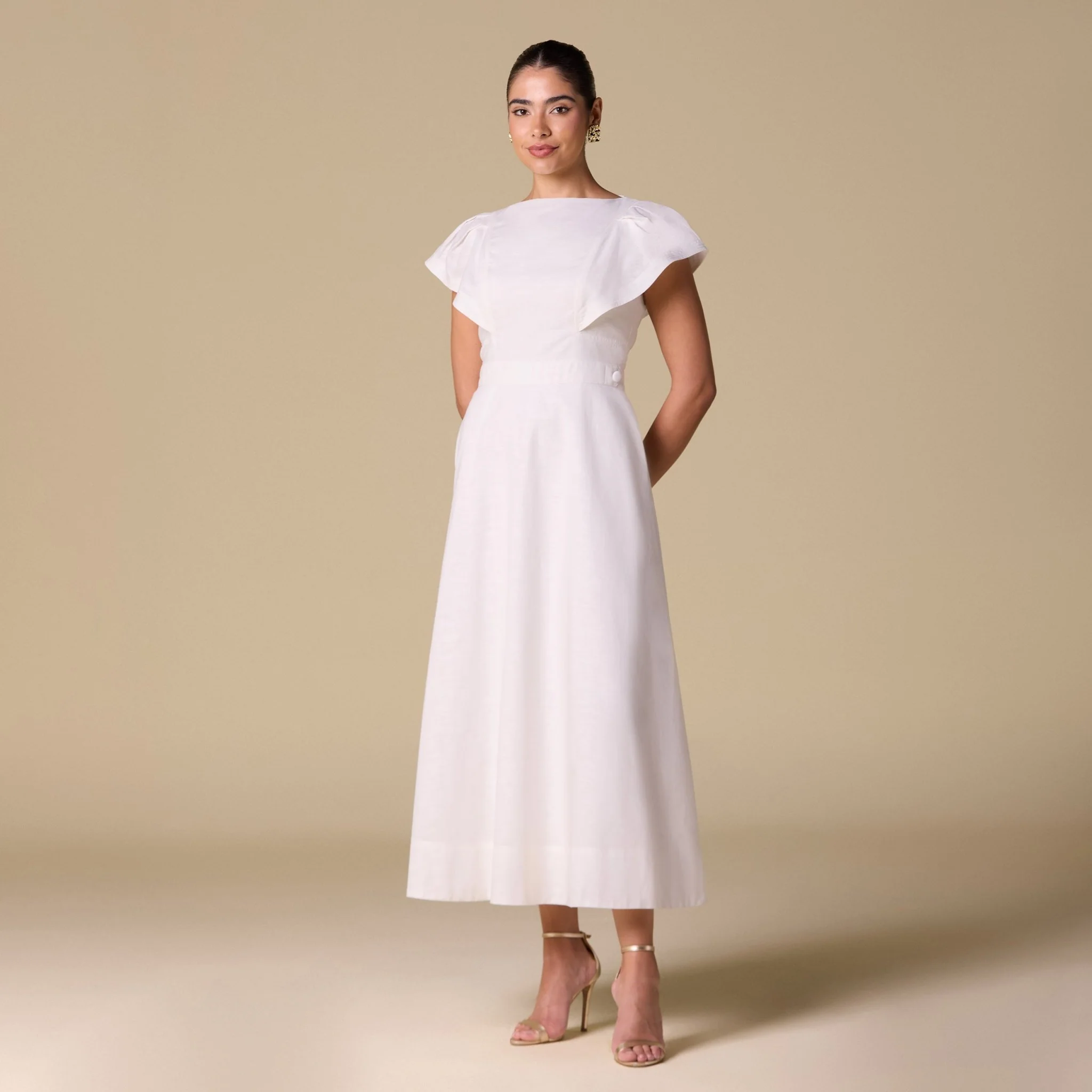 White Linen Blend Short Flared Sleeve Midi Dress