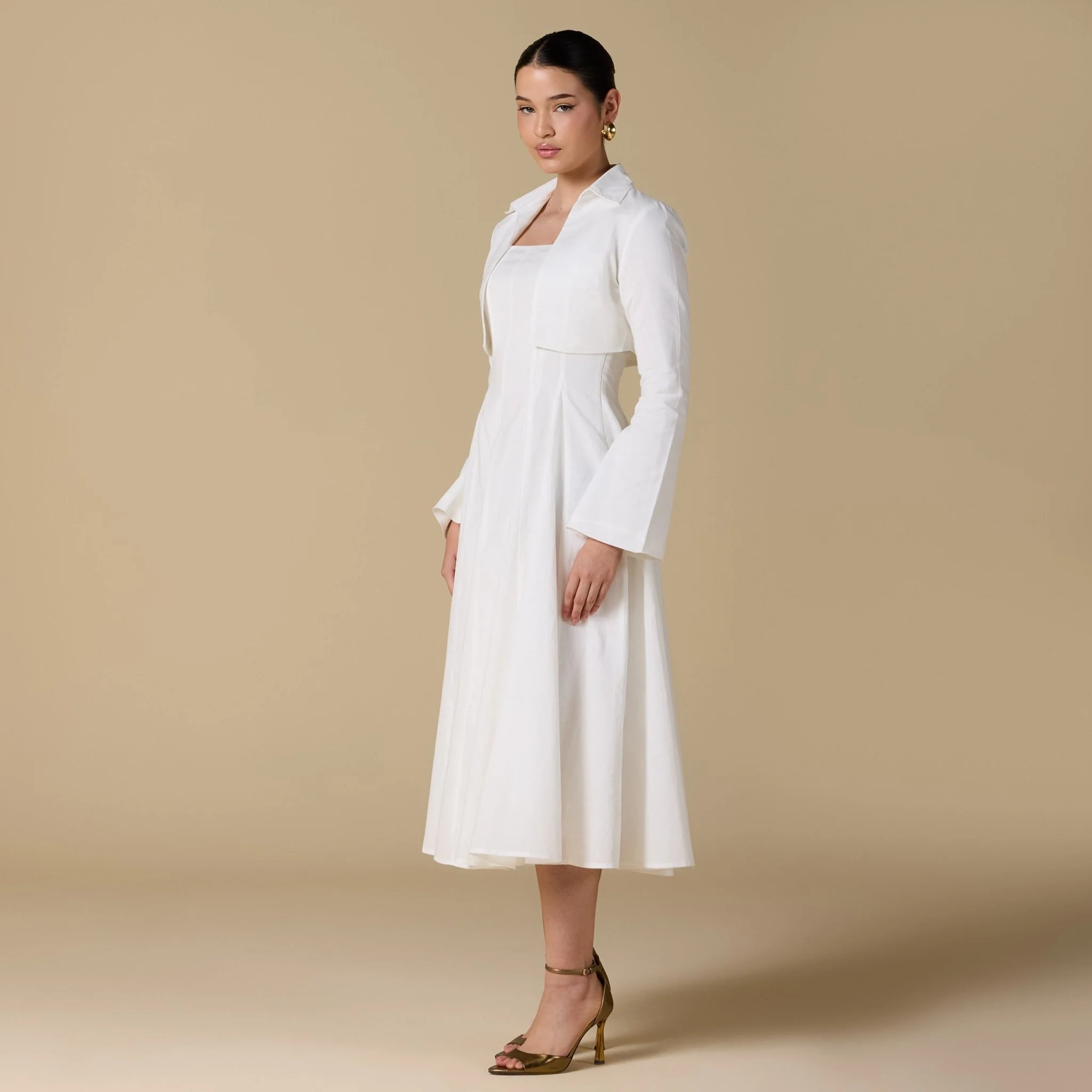 White Linen-Blend Square Neckline Dress with Crop Jacket - Image 2