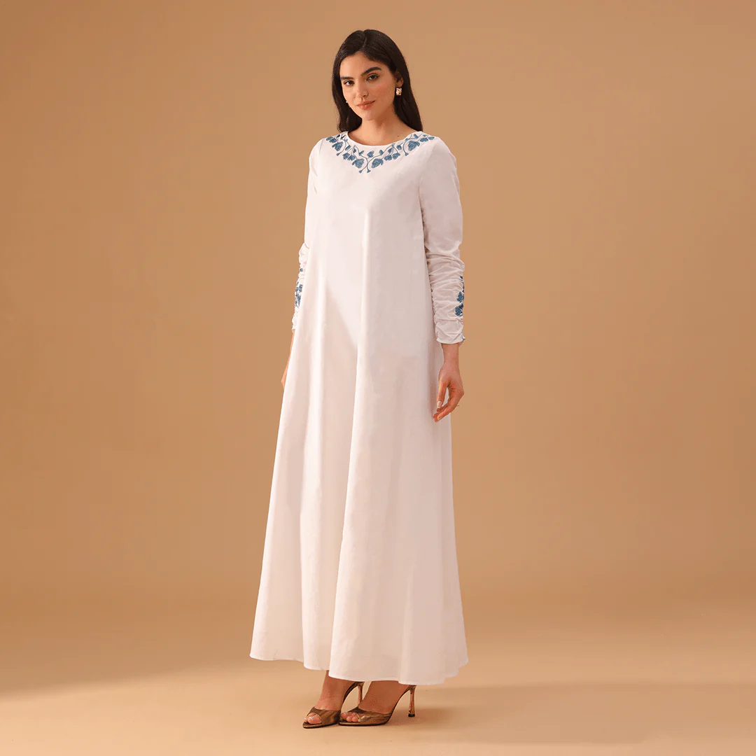 White Embroidered Ramie Maxi Dress
