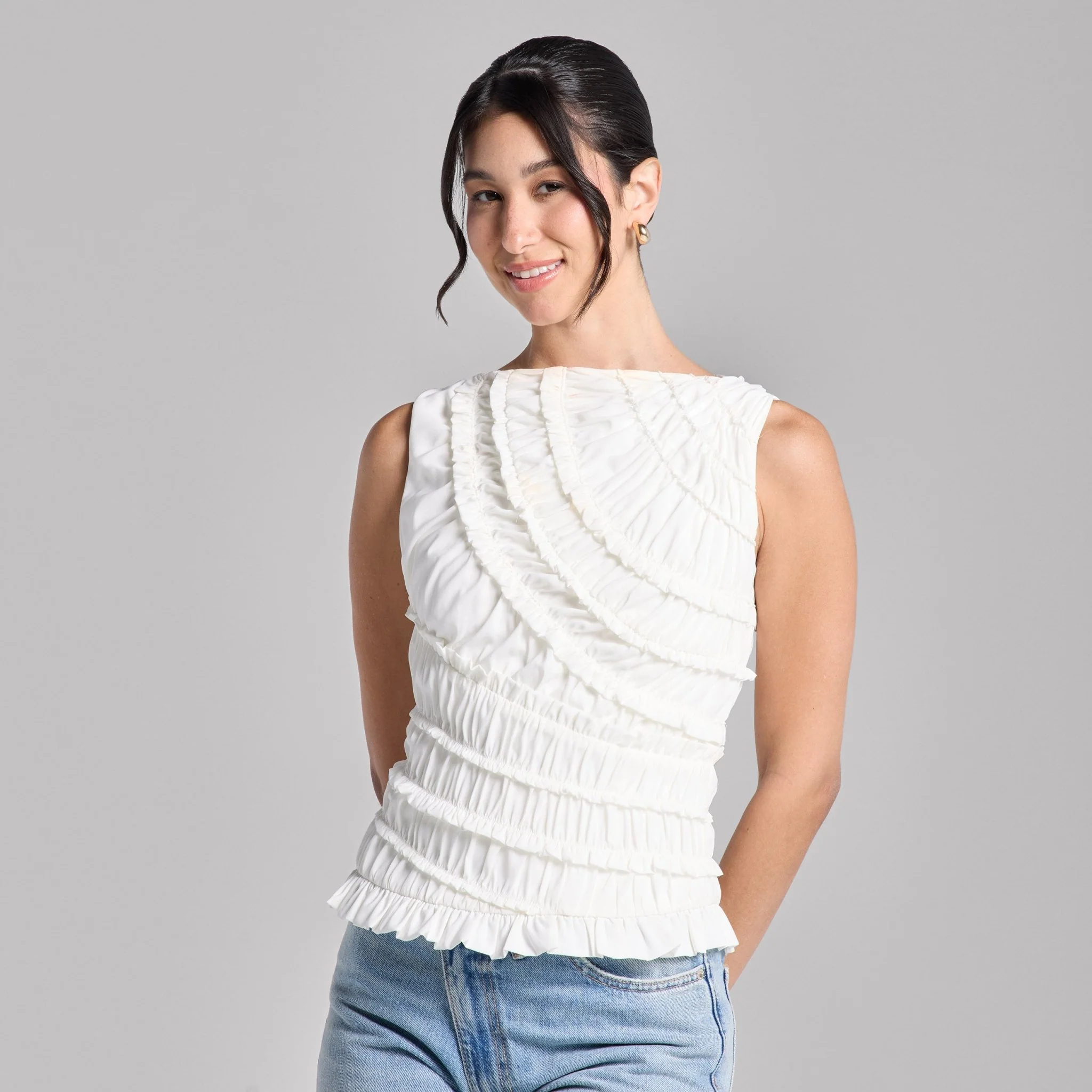 White Sleeveless Chiffon Ruffled Blouse