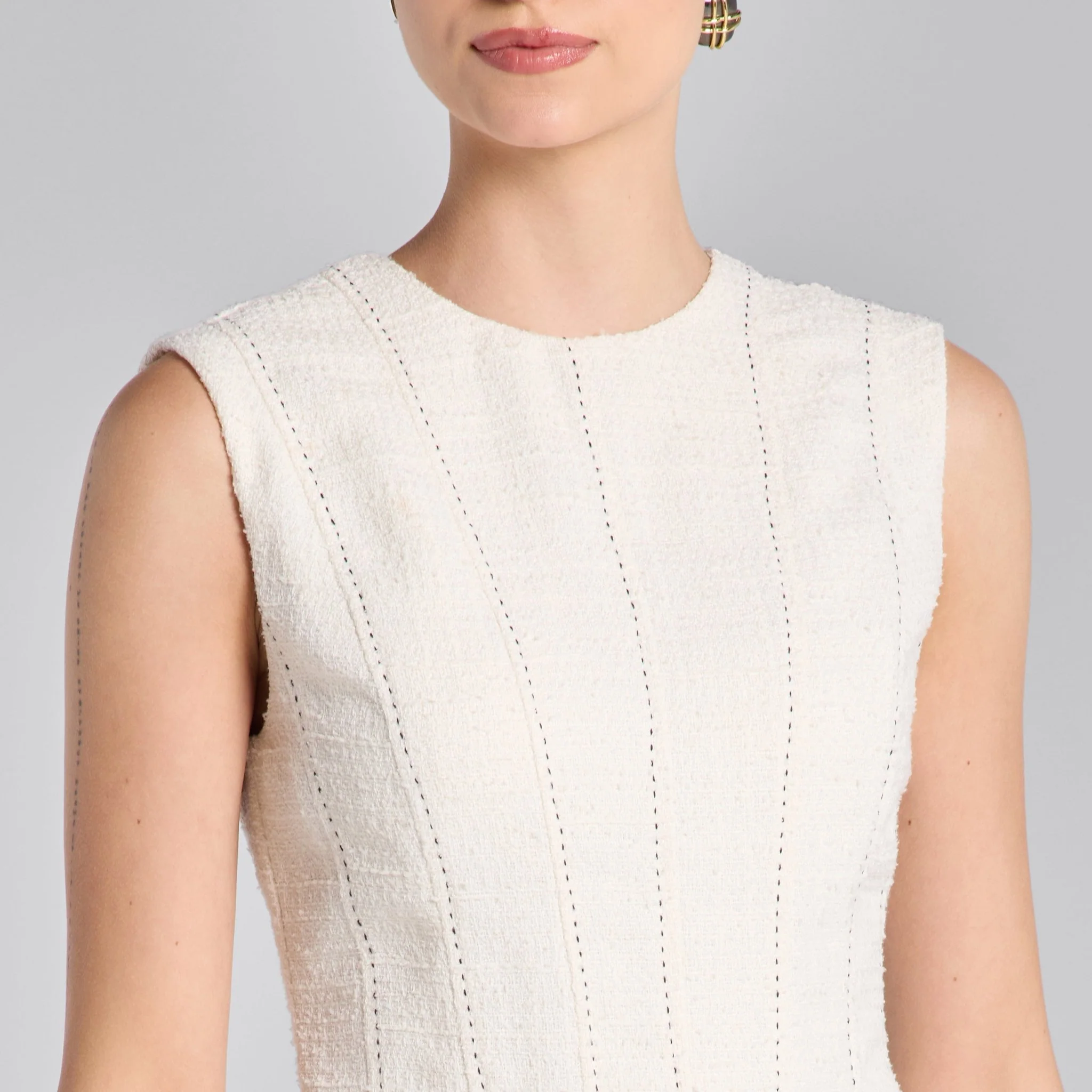 White Stitched A-line Twill Midi Dress - Image 2