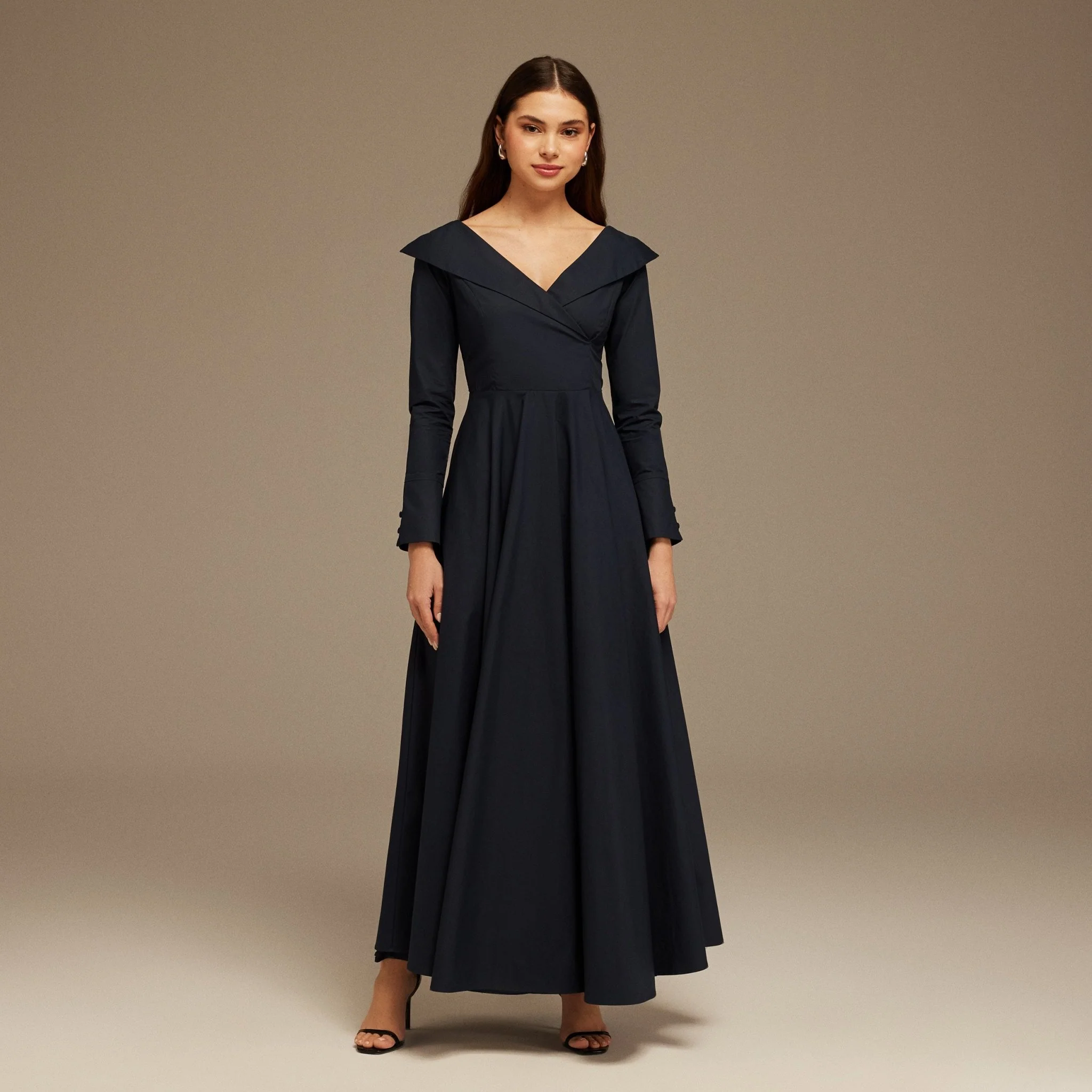 Navy Blue Wide V Neck Long Sleeve Maxi Dress