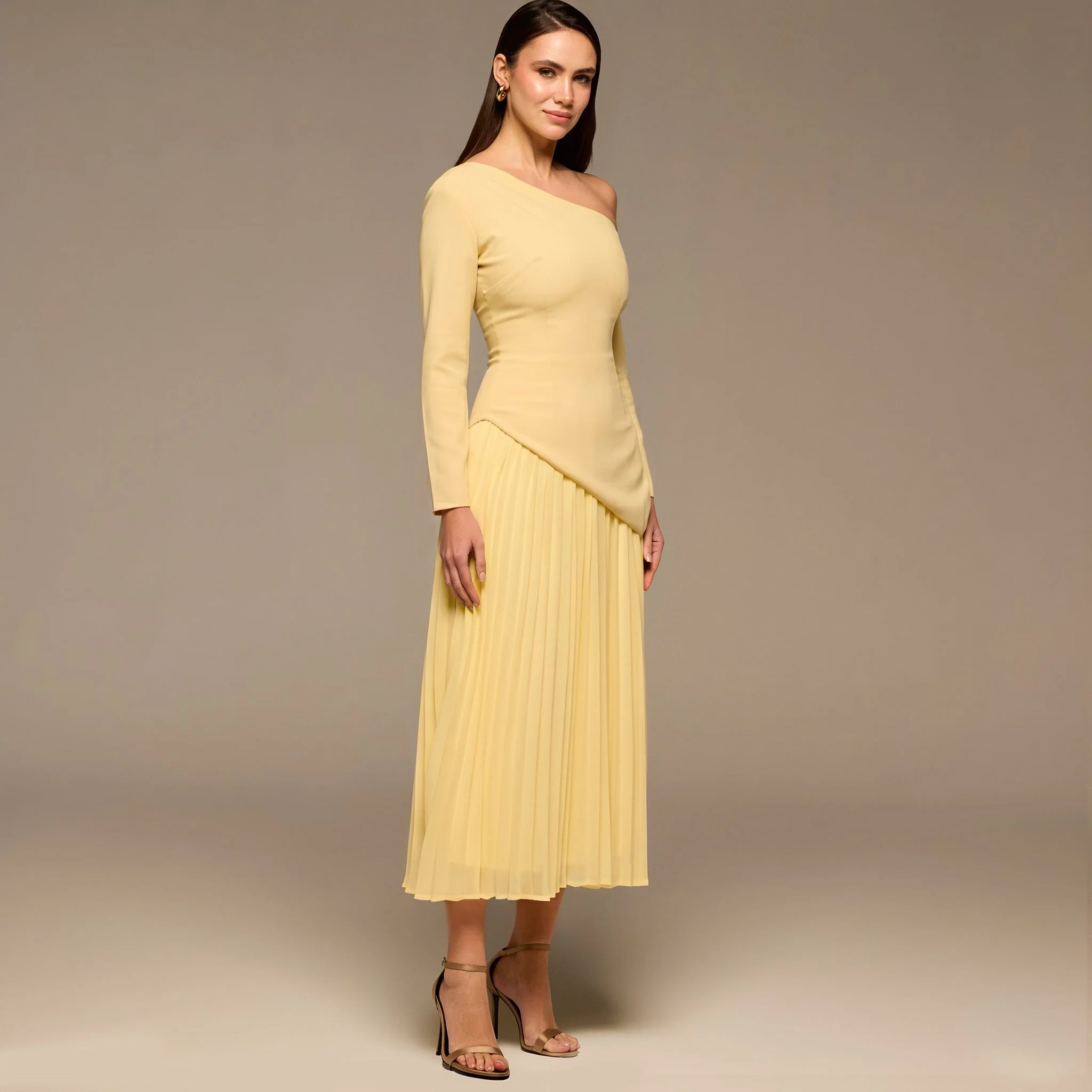 Yellow One Shoulder A Line Crepe Dress - Image 2