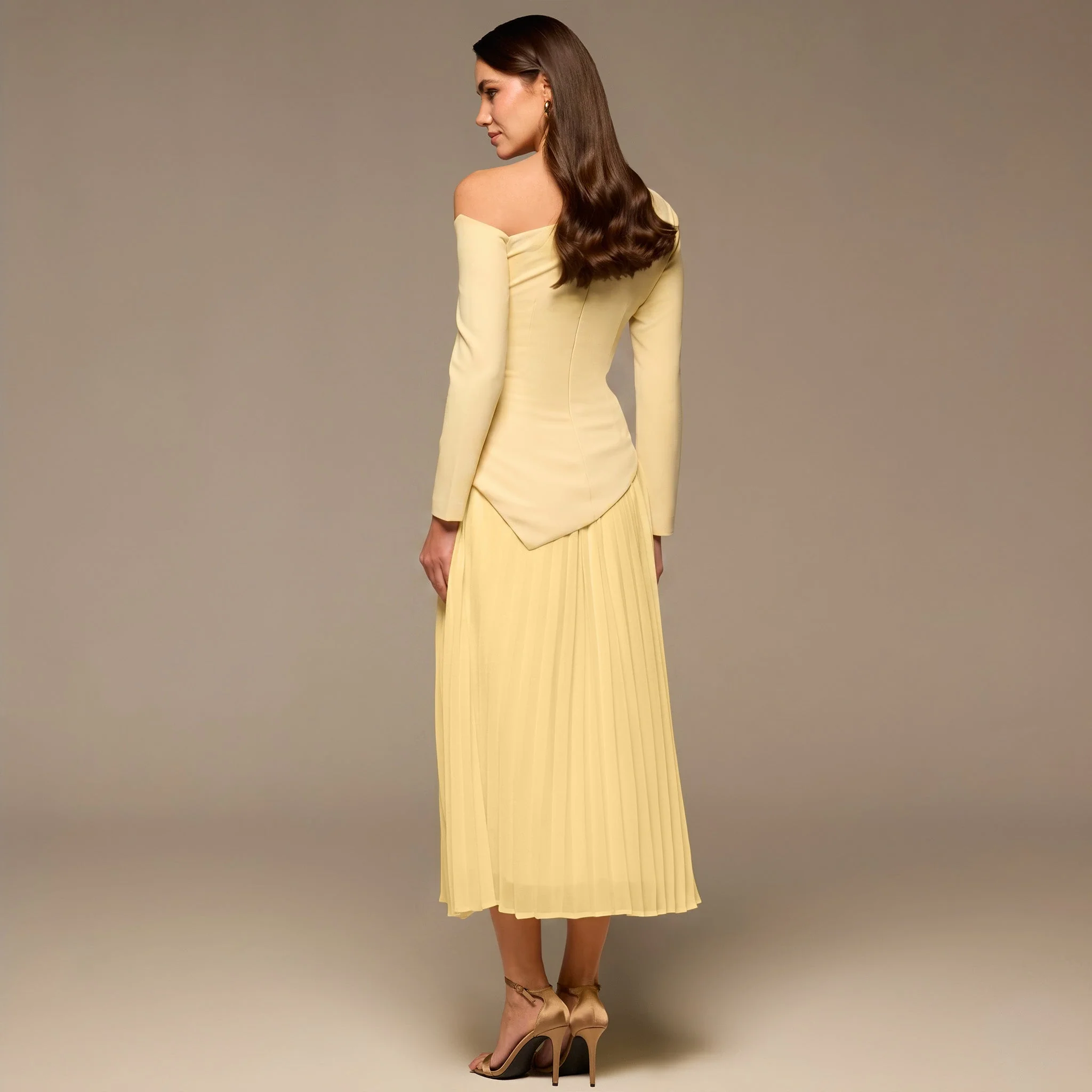 Yellow One Shoulder A Line Crepe Dress - Image 4