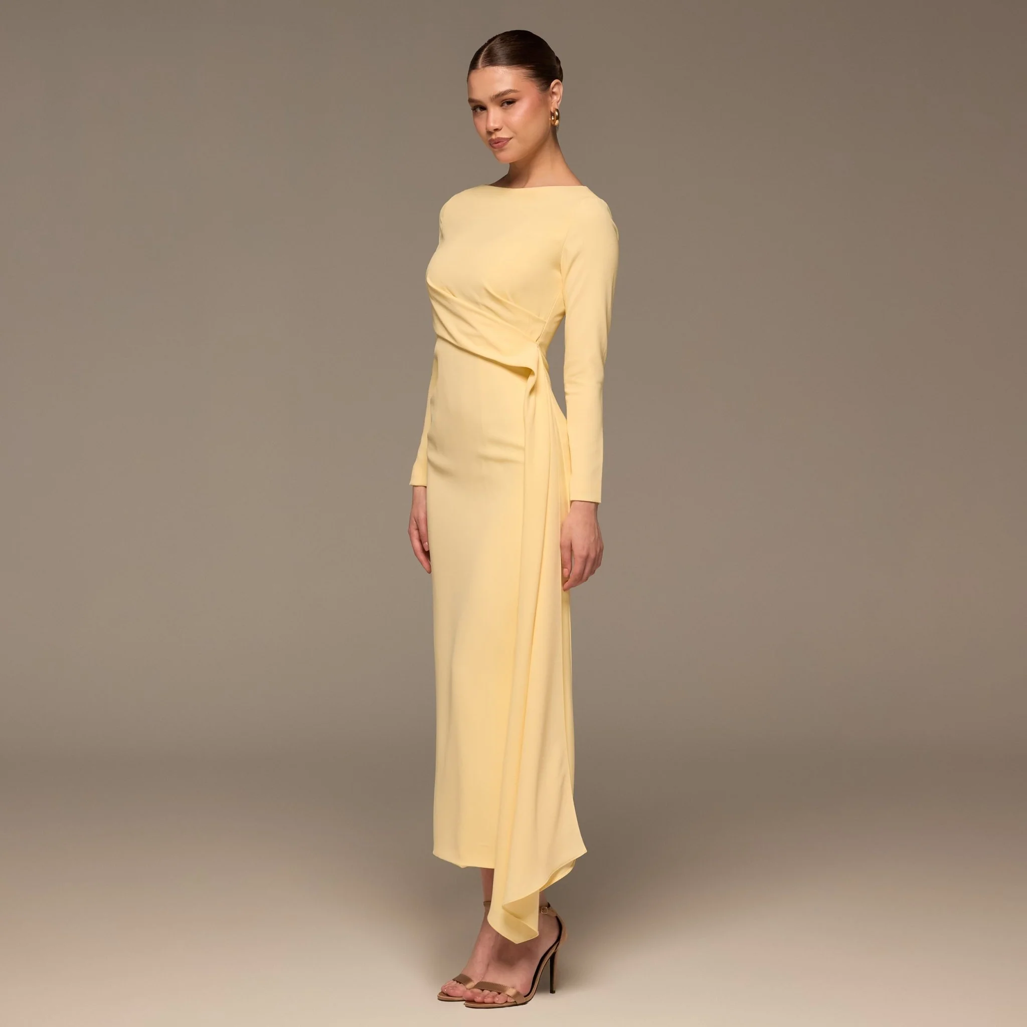 Yellow Long Sleeve Draped Midi Dress - Image 2