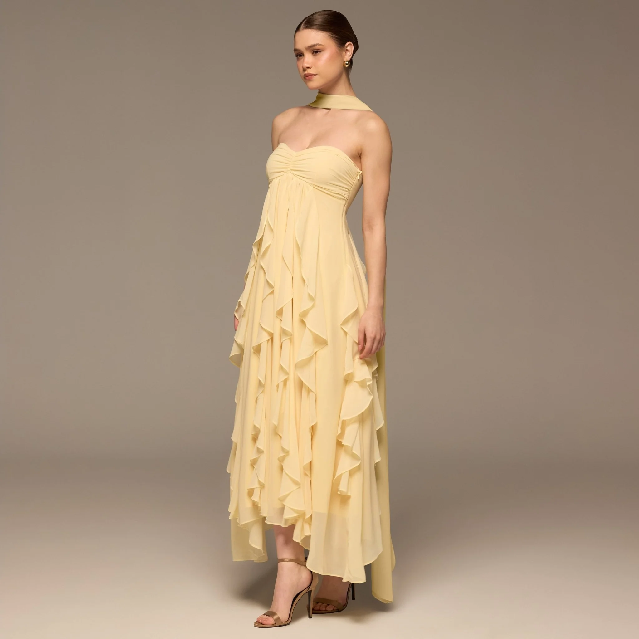 Yellow Strapless Ruffle Chiffon Maxi Dress - Image 2