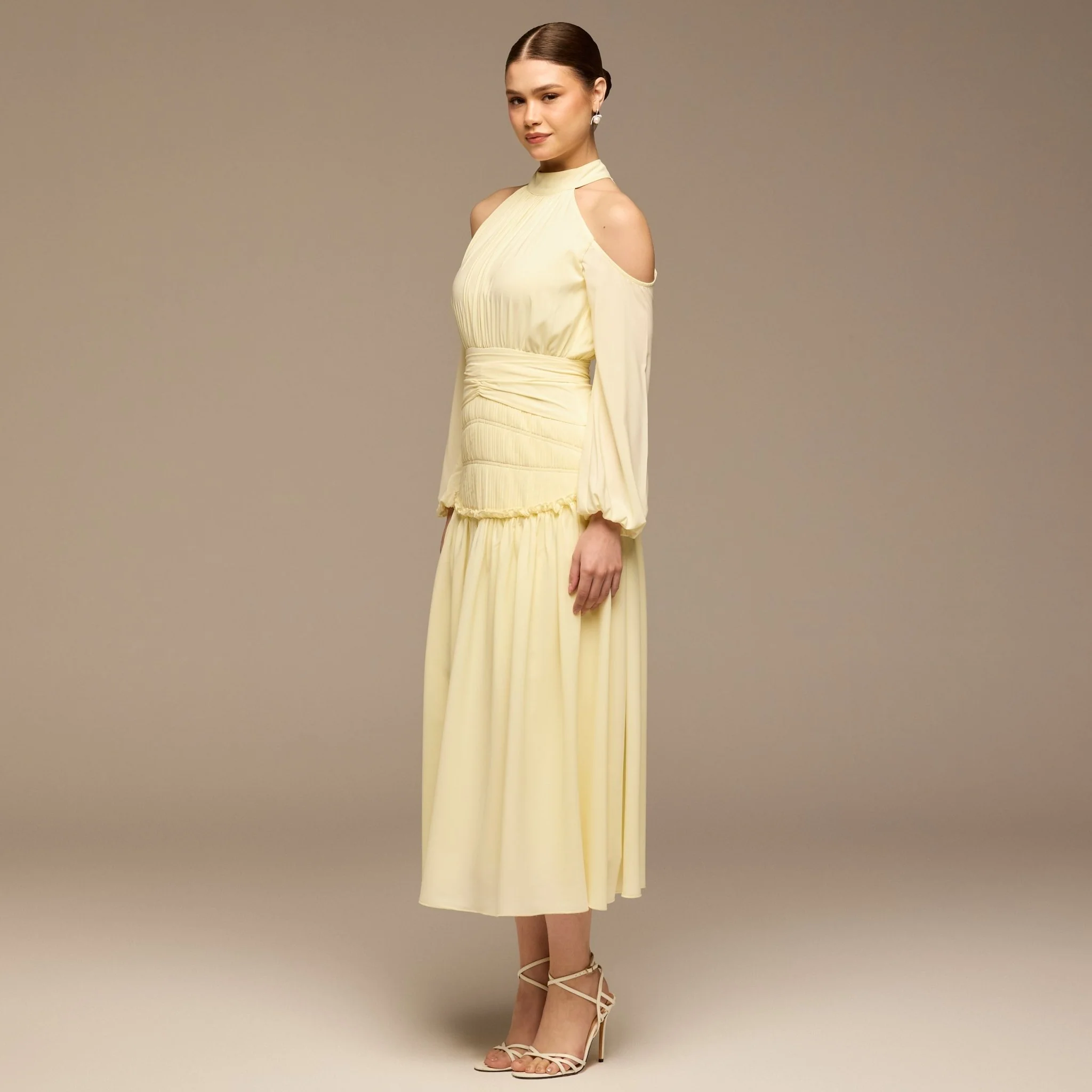 Yellow Cold Shoulder Chiffon Dress - Image 2