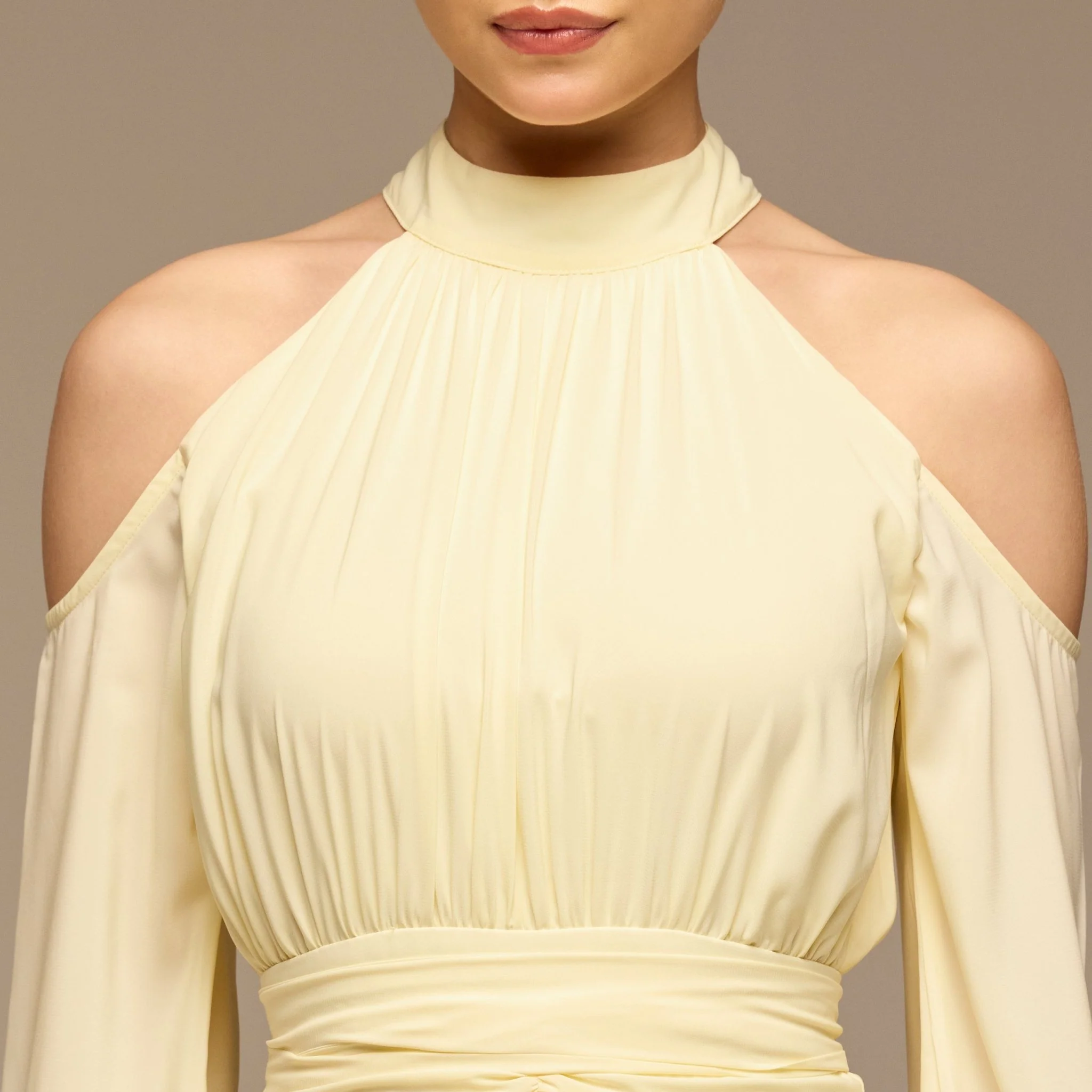 Yellow Cold Shoulder Chiffon Dress - Image 3