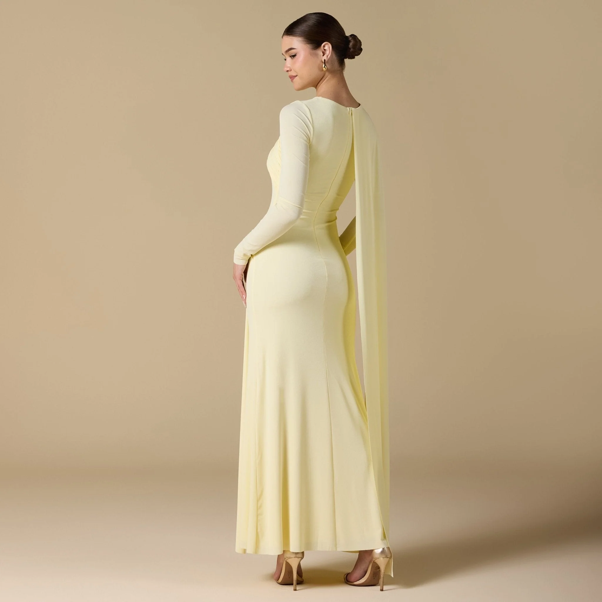 Yellow Jersey Draped Maxi Dress with Back Scarf - Image 2