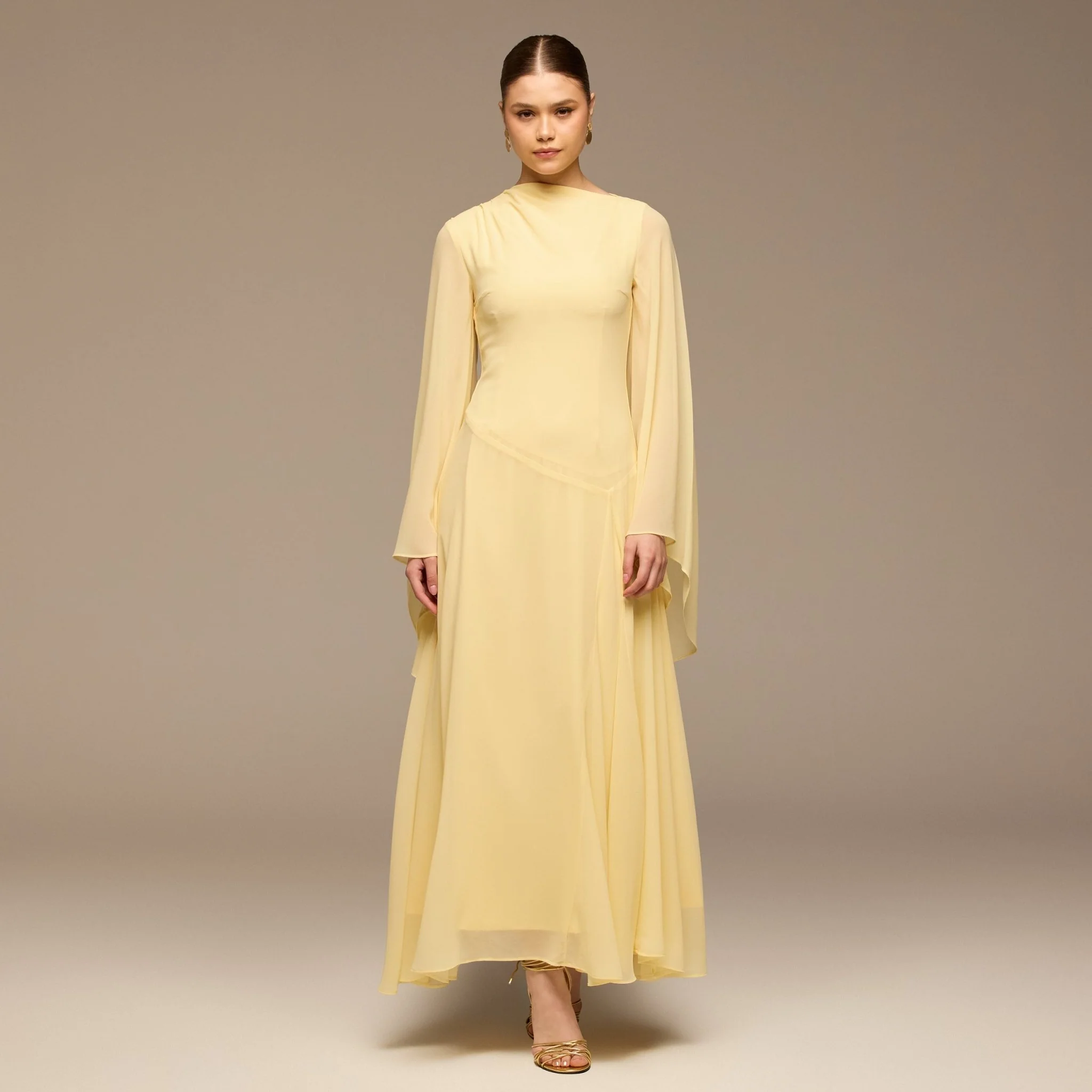 Yellow Flared Sleeve Chiffon Maxi Dress - Image 2