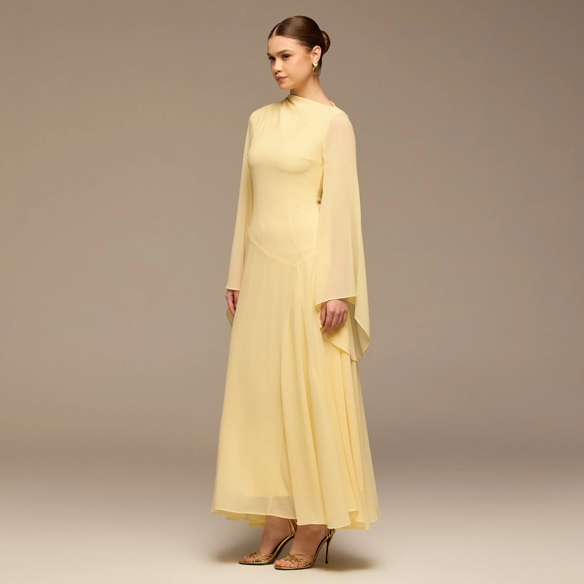 Yellow Flared Sleeve Chiffon Maxi Dress - Image 3